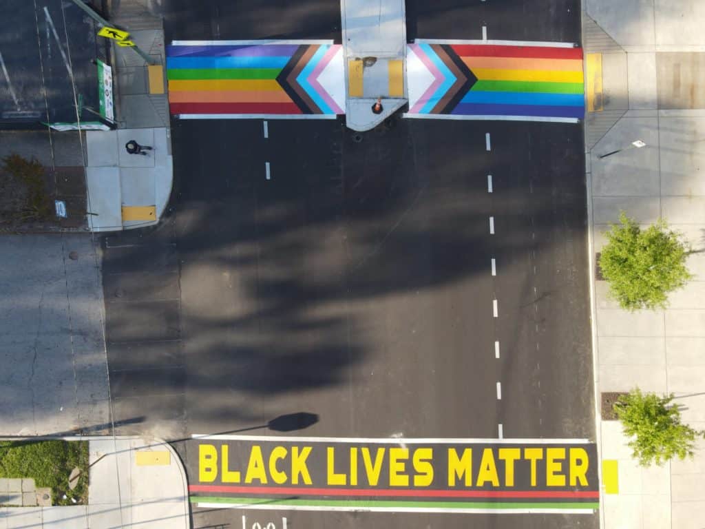 The inclusive rainbow crosswalk and Black Lives Matter crosswalk.