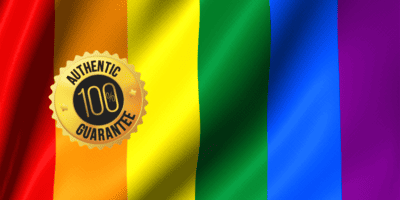 Banner image of rainbow pride flag with a seal that says Authentic 100% Guarantee.