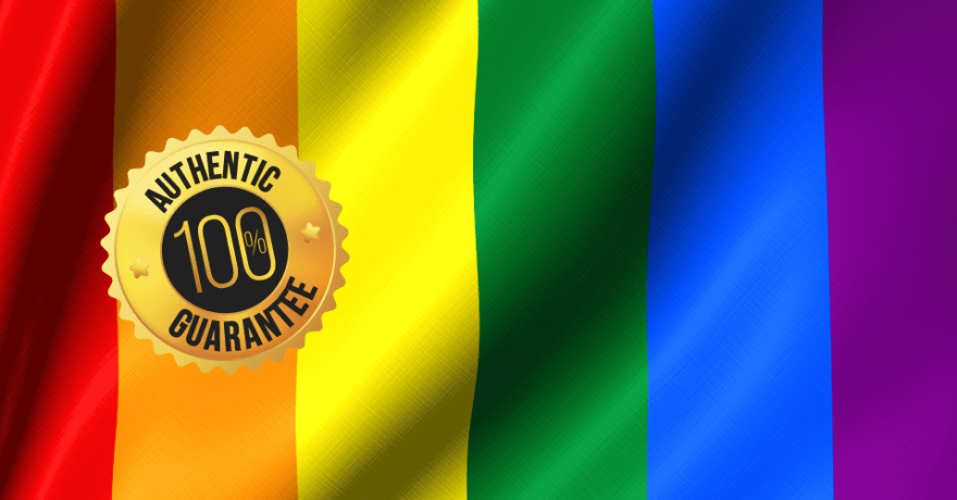 Banner image of rainbow pride flag with a seal that says Authentic 100% Guarantee.
